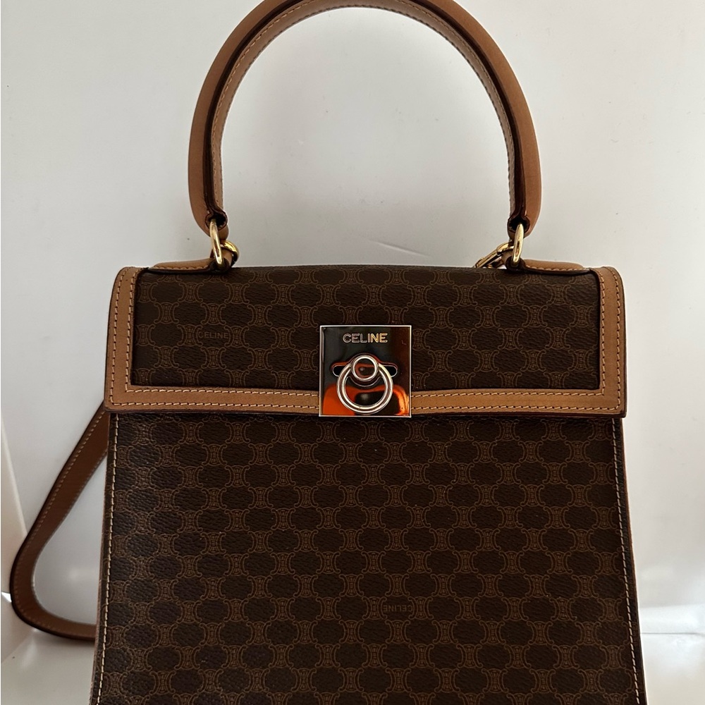 Celine Brown Tan Satchel with Monogram Pattern